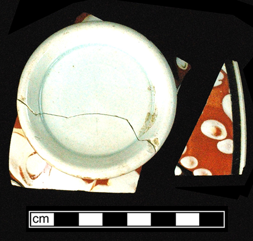 Common shape bowl with marbleized decoration against orange slip (18AP13).